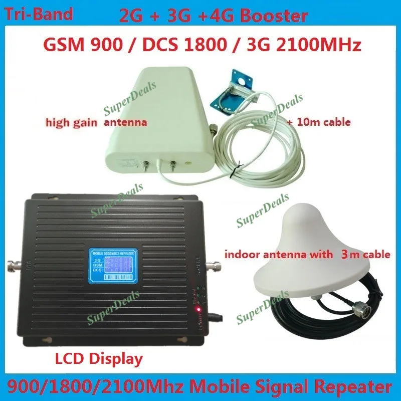 

HOT GSM 900 1800 WCDMA 2100 Tri-Band Booster 2G 3G 4G LTE 1800 65dB Mobile Phone Signal Amplifier Cell Phone Repeater for Europe