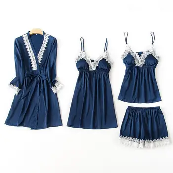 

Summer Ice Silk 4PCS Sleepwear Set For Lady Casual Lace Cami&Shorts&Robe Home Wear Suit Elegant Pajamas Women Lingerie M-XL