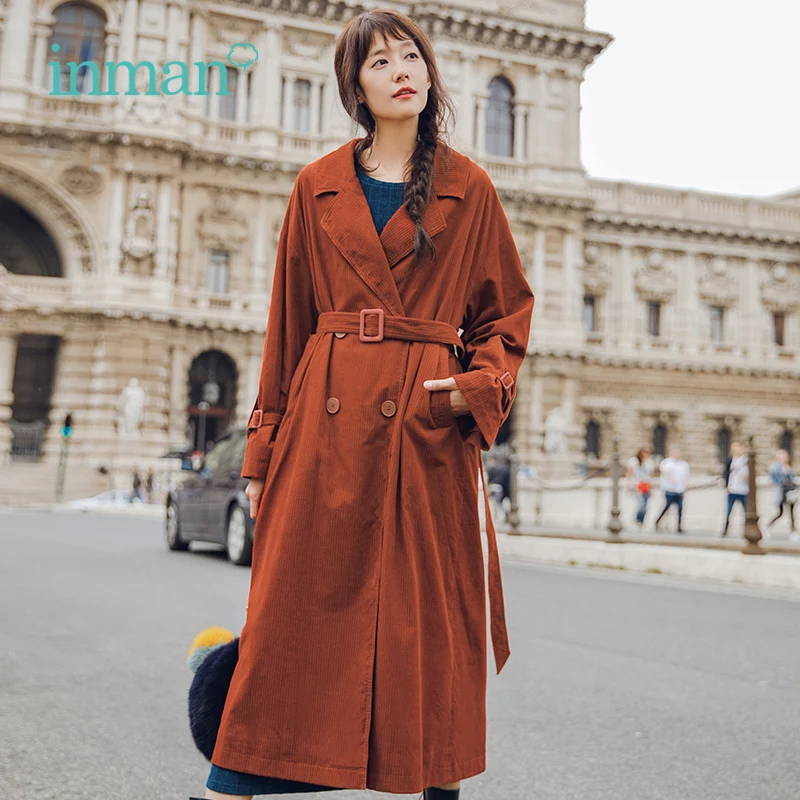 

INMAN 2019 Spring Autumn atmosphere double breasted long sleeved loose long trench coat women England style