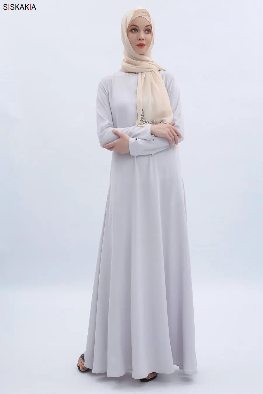 Siskakia Высококачественная мусульманская одежда арабское женское базовое длинное платье Короткое однотонное с круглым вырезом с длинным