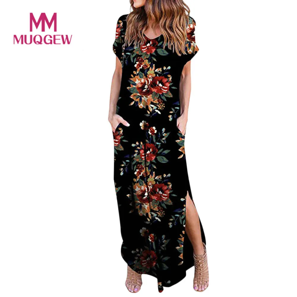 

MUQGEW Women Party Loose Dresses Vestidos Casual Floral Printing Loose Pocket Long Dress Short Sleeve Split Maxi Dresses Vestido