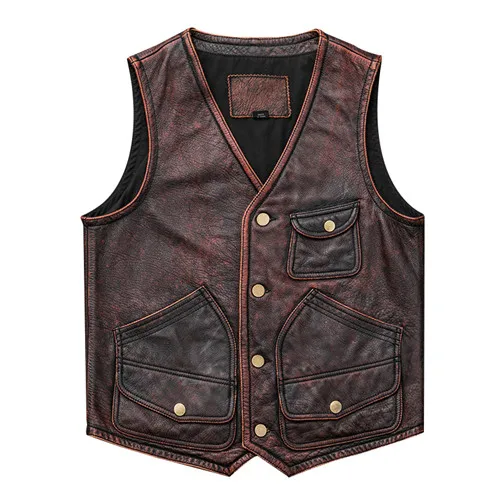 Vintage Brown Винтаж коричневый для мужчин Американский повседневное Стиль Короткие кожаный жилет мотоциклиста из натуральной яловой кожи Slim Fit байкер кожаный жилет - Цвет: Vintage Brown