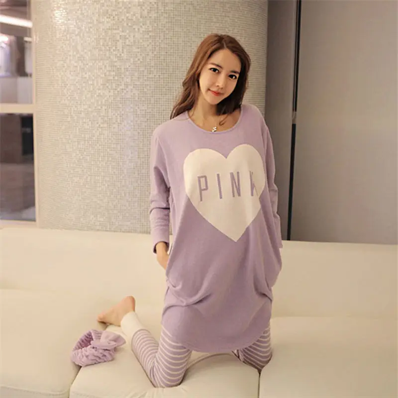 

2018 Spring and Summer Love Heart Print women pajamas Pink Lovely Loose milk silk pajamas sets Long-sleeved pants home wear