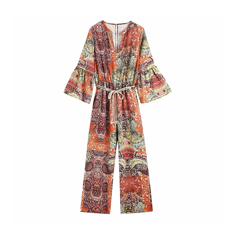 

new products in Europe and the wind with nine points belt printing sleeve conjoined wide-legged pants ms loose jumpsuit