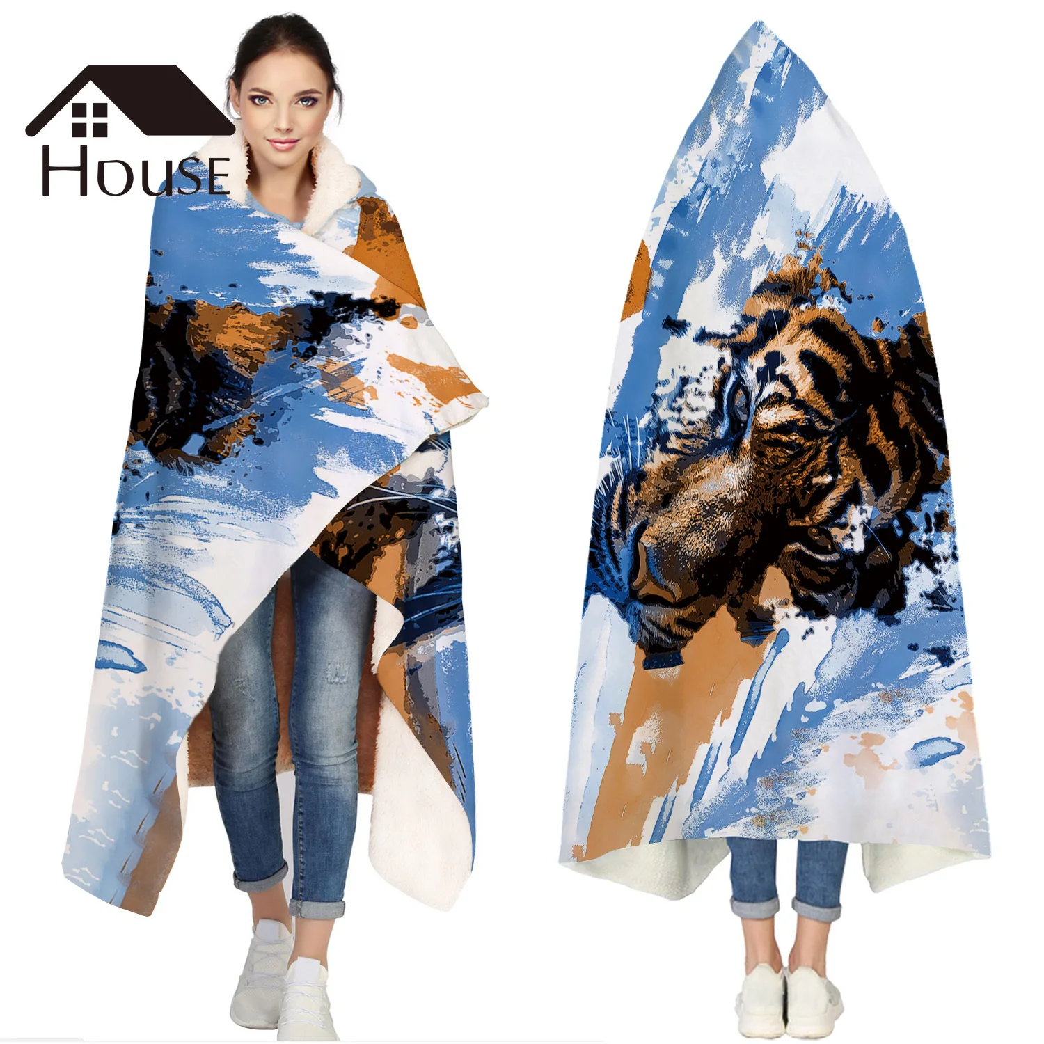 

Portable Wearable Fluffy Custom Hooded Blanket Watercolor Tiger Animals Art Design Fleece Hooded Throw Blanket