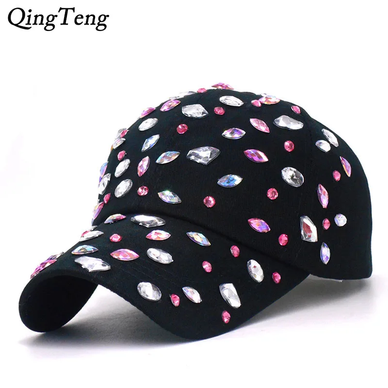 

Bling Water Wave Ladies Rhinestone Black Baseball Caps Denim Casual Hat For Spring Adjustable Cotton Cap Female Diamond Hats