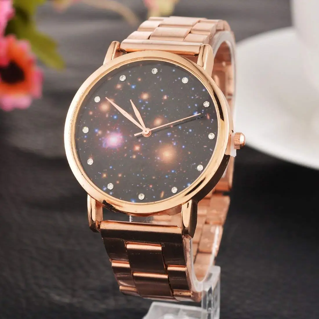

Rose Gold Color Steel Band Meteor Pattern Rhinestone Dial Quartz Analog Wrist Watch 25cm