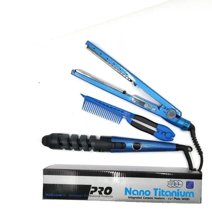 

3in1 nano flat iron titanium plates Ultra-smouth ionic hair curling & straightener- Gift Set