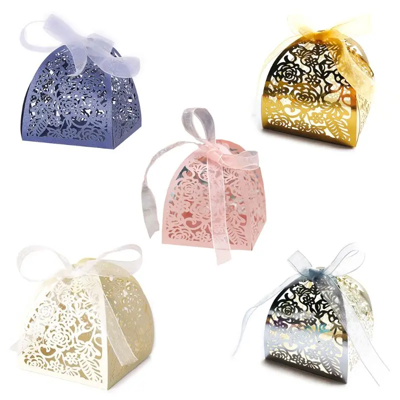Ribbon 25pcs Rose Laser Cut Candy Box Wedding Xmas Party Favors Gift Bag Box 