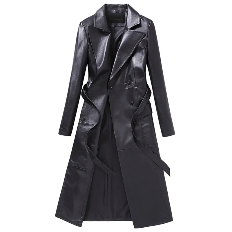 QAZXSW куртка размера плюс из натуральной кожи женское модное длинное кожаное пальто женское пальто осенняя повседневная кожаная куртка LH1279 - Цвет: black