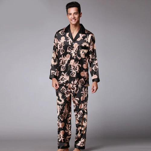 SSH004 High Quality Printed Wedding Mens Pajamas Satin Silk Nightgown Sleepwear Spring Autumn Male Full Sleeves Pants Pajama Set plus size silk pajamas Men's Sleep & Lounge