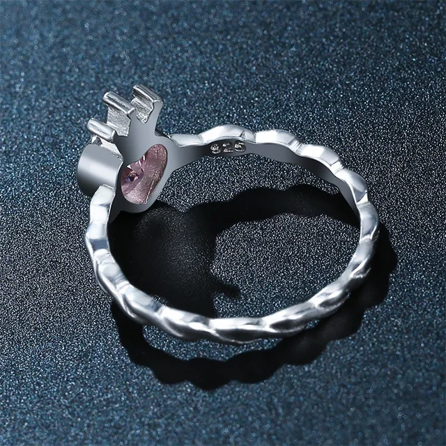 AZIZ BEKKAOUI Real 925 Sterling Silver Pink Heart Rings for Women Sweet Silver Crown Rings for Girl Engagement Jewelry Gift