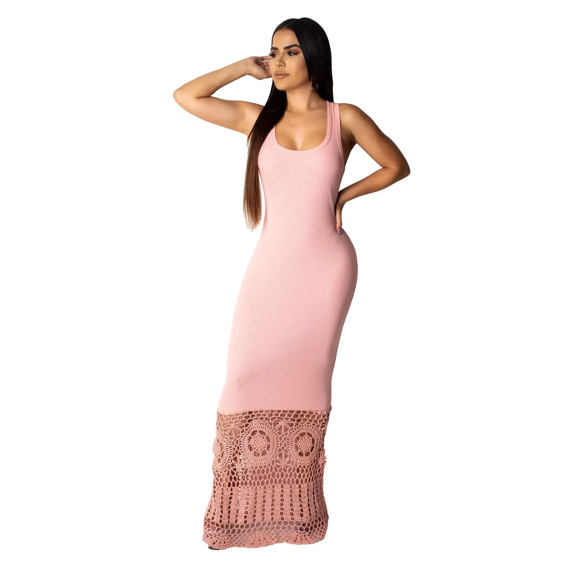 

Elegant Knit Rib Long Dress Women Casual O Neck Tanks Top Hollow Out Flower Summer Dress Sexy Bodycon Maxi Dress Robe Vestidos