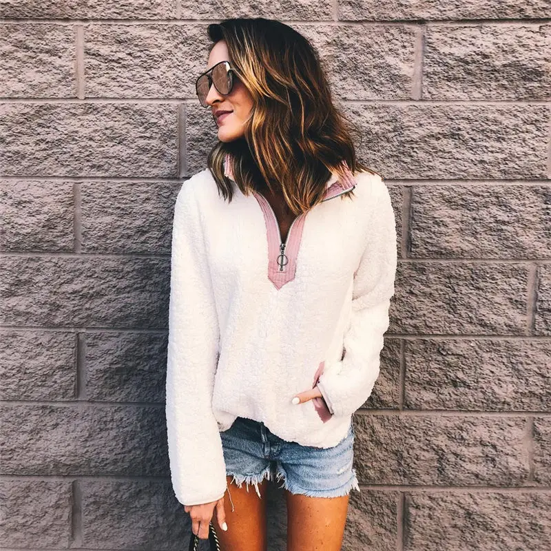 2018 Women Winter Sweater Thin Fleece Zipper Turtleneck Pullover Sherpa Fleece Tops Female Winter Warm Coat Sweaters