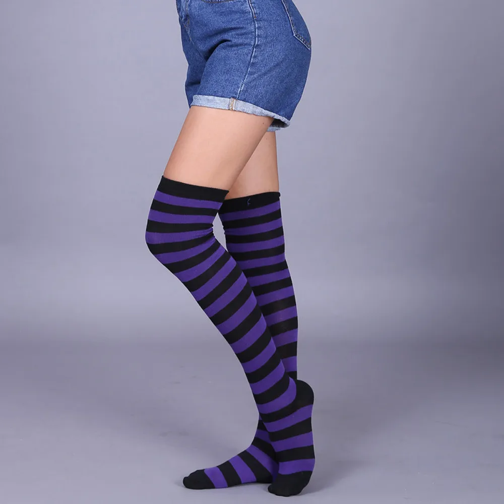 Thigh High Socks Women Stockings Cotton Thigh High Mixed Rainbow Striped Long Stockings Knitted Ladies Over The Knee Socks