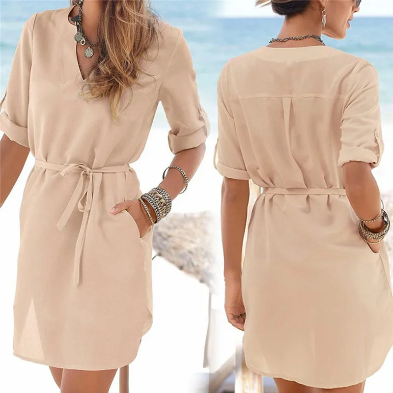 HEFLASHOR Summer v neck loose Chiffon Blouse casual solid beach dress for vacation Tunic Sundress dresses with Belt robe femme | Женская