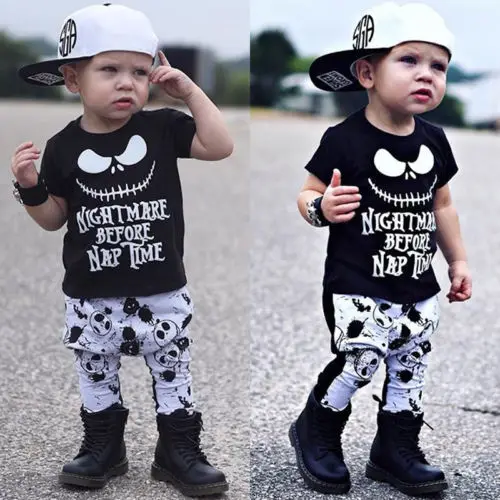 

Lovely Kids Baby Boys Skull Halloween Clothes Sets Short Sleeve Smile Tops T-shirt + Cotton Pants Outfits Clothes