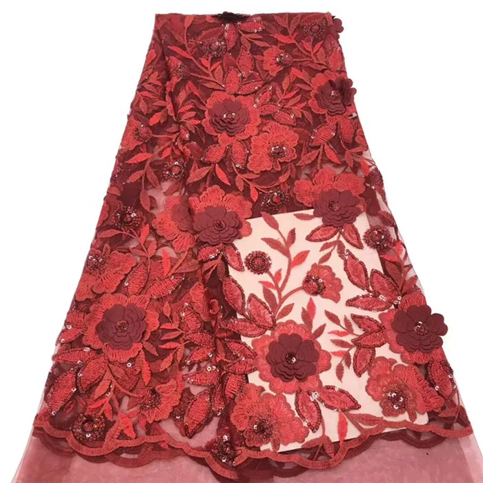 Latest African Lace Fabric 2019 Hot Sales red 3d Sequins With Cord Pink Gray Nigerian Fabricsffc1117 | Дом и сад