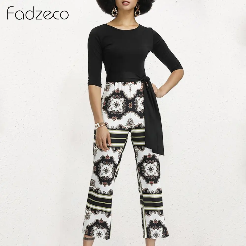 

Fadzeco African Clothes for Women Dashiki Ethnic Half Sleeve Wide Leg Pants Jumpsuits Romper Autumn Floral Print Playsuits Belt