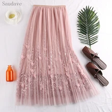 Модные женские юбки, длинная Плиссированная юбка, Высококачественная розовая юбка с вышивкой, Женская весенне-летняя эластичная сетчатая юбка с высокой талией