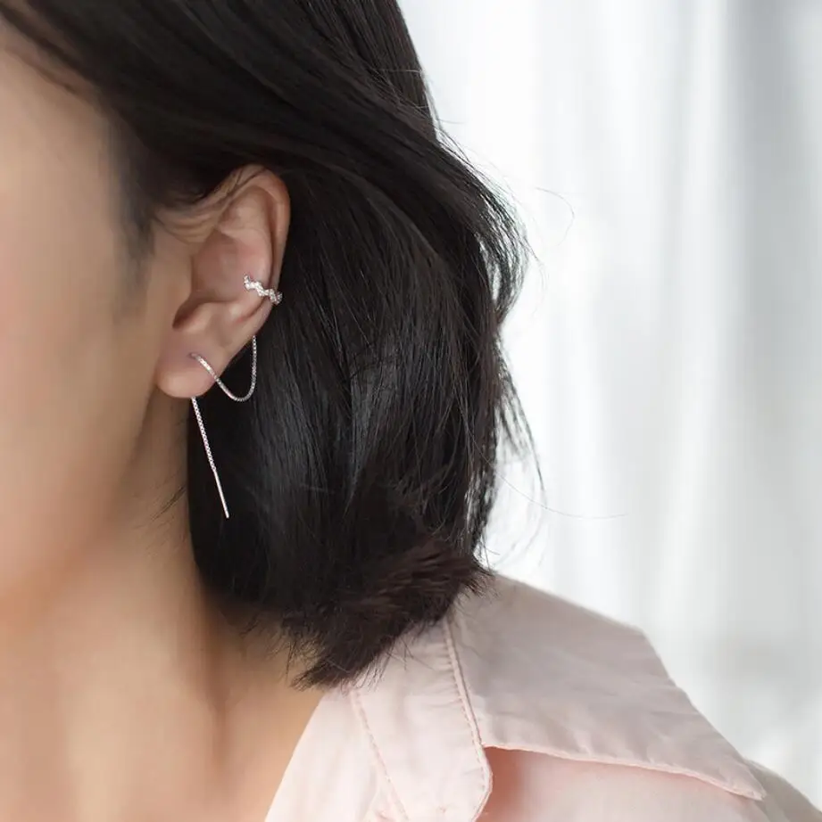 1pc 925 Sterling Silver Ear Cuff Threader Chain Line Thread Earring