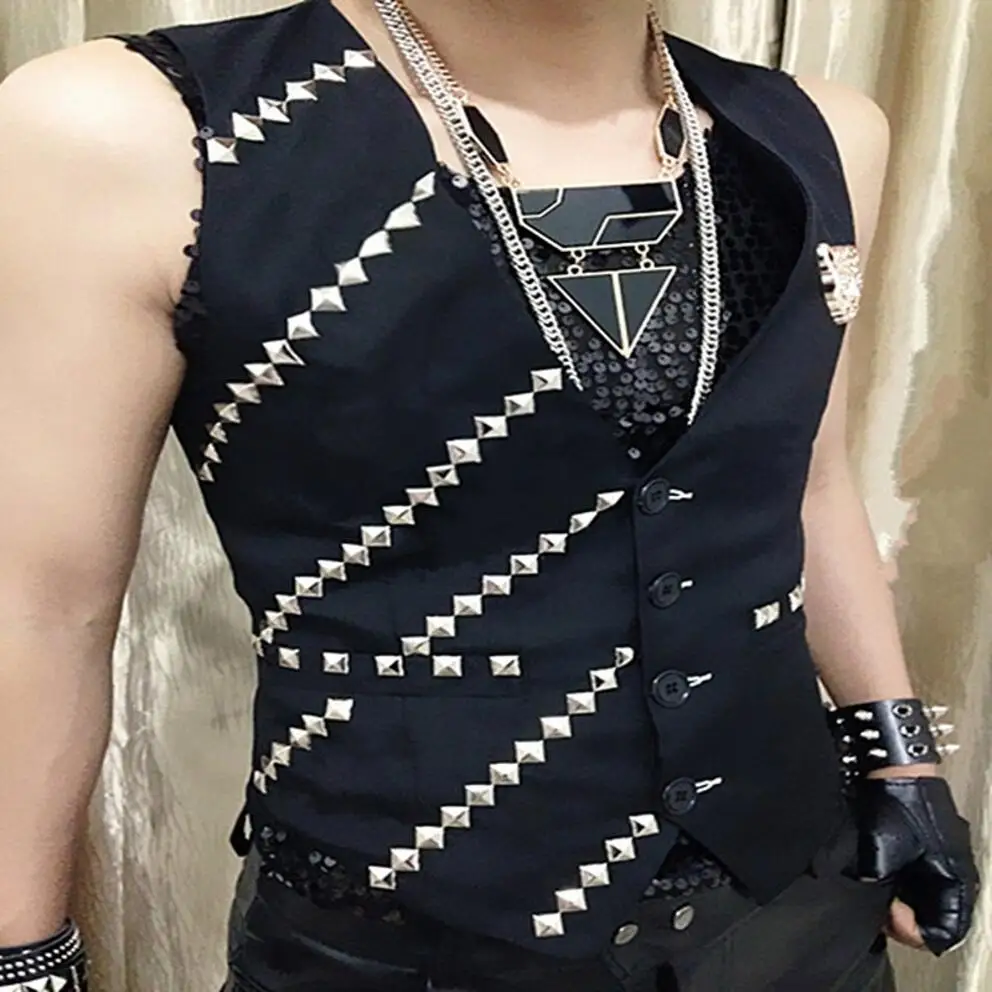 M 3XL Bar Men Singer Dj Band Costume Personalized Black Rivet