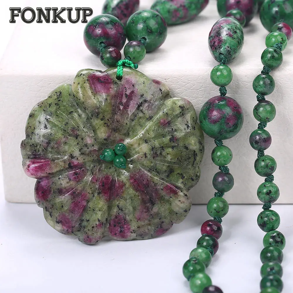 Fonkup Women Long Chains Epidote Necklace Power Stone Pendant Jewelry Vintage Men Plant Accessories Engagement Custom High Grade Fine Jewelry