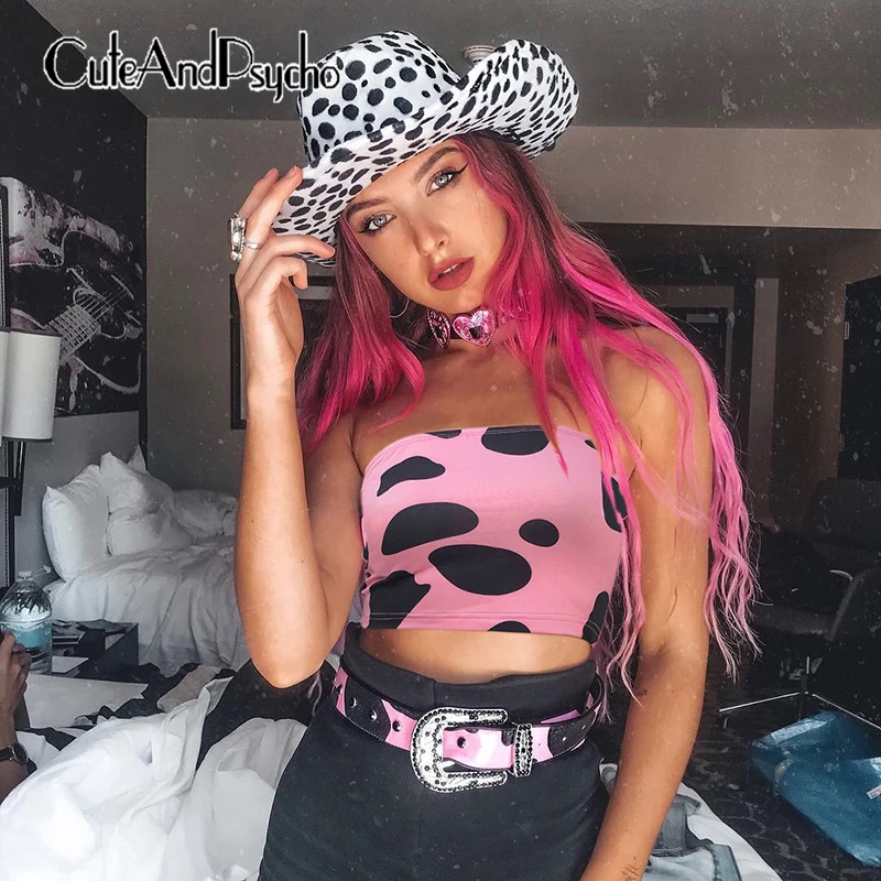 

2019 Cow Animal Print Bandeau Crop Top Cute Pink Strapless Bralette Tube Top Femme Wrap Chest Tops Summer Holiday cuteandpsycho