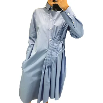 

Korean Style Dresses Female Spring 2020 Vintage Japanese Simple Elegant Irregular Pleated Long Sleeve Dress Women Clothes C88