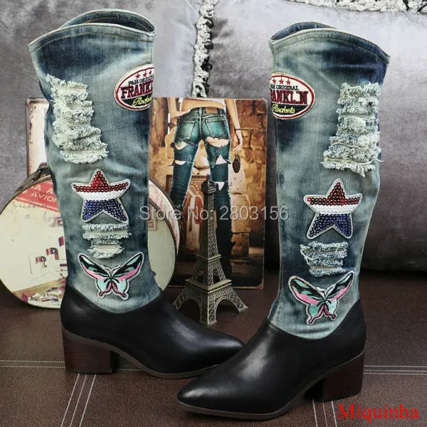 Women Pointed Toe Thick Heel Knee High Boots Spring Autumn Ladies Denim High Heel Long Boots Botines Mujer 35-41