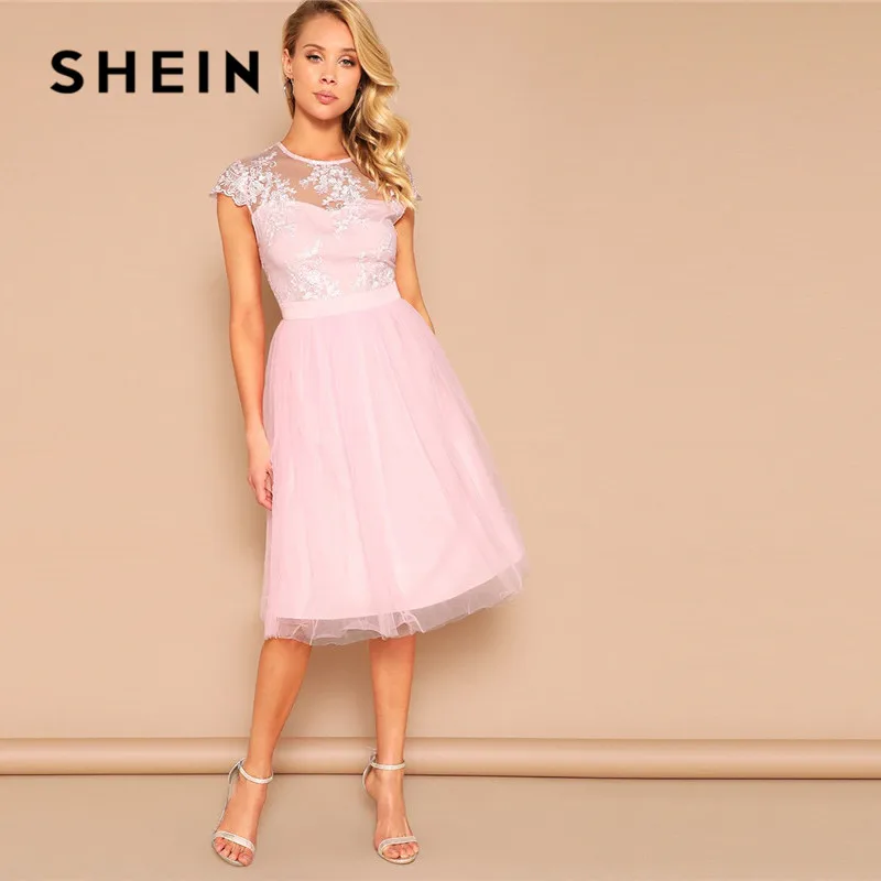 

SHEIN Pink Romantic Embroidered Mesh Overlay A Line Party Dress Women Cap Sleeve Summer Dress High Waist Round Neck Lace Dress