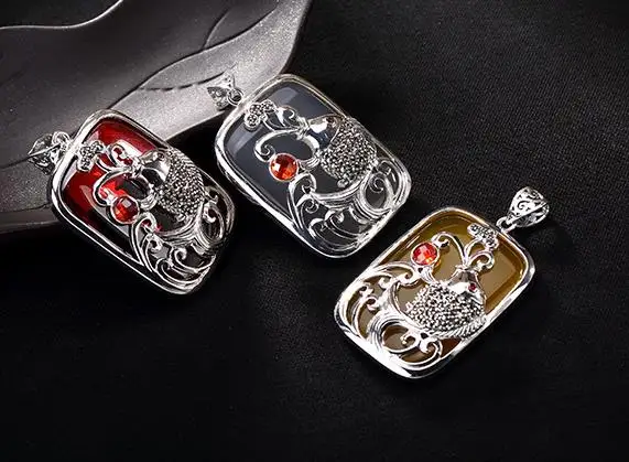 

Sterling S925 925 silver Necklace fish natural stone for girl sweater chain 30*34MM