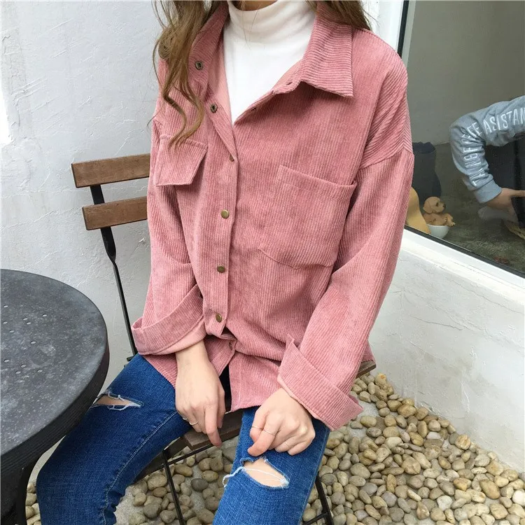 2 Colors 2018 Autumn Women Loose Jackets Korean Long Sleeve Corduroy Jackets Outwear Casual Pocket Solid Jackets