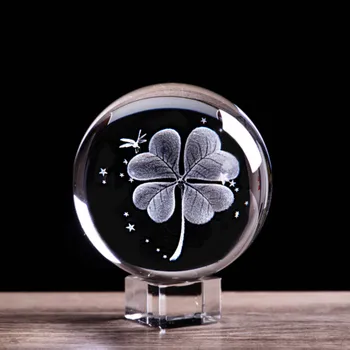 

3D Laser Engraved Four-Leaf Clover Crystal Ball Feng Shui Home Decor Figurines Accessories Miniature Glass Marbles Sphere Crafts