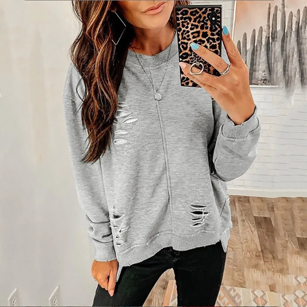

Autumn Women's Blouse Shirt Fashion Hole O-Neck Casual Loose Shirt Tops Solid Long Sleeve Female Blouse Shirt