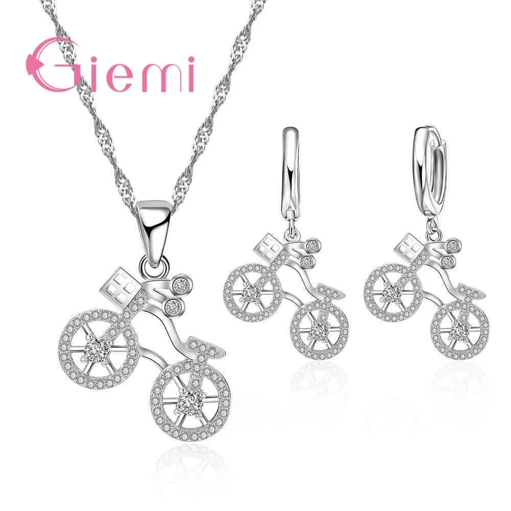 

Unique Bike Design Popular 925 Sterling Silver Pendant Necklace Hoop Earrings Bridal Wedding Sets For Women Party Zircon