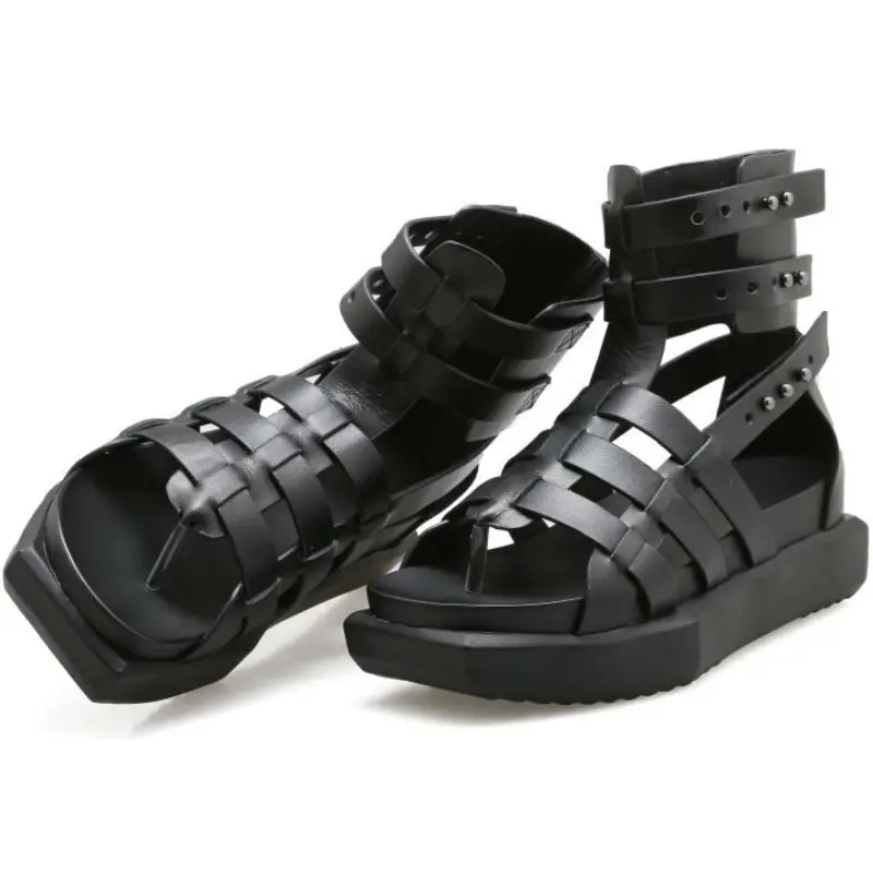 

Real cow leather 2017 Summer flat heel sandals shoes women ankle strap Rivets cover heel hollow white black flats flip flop shoe