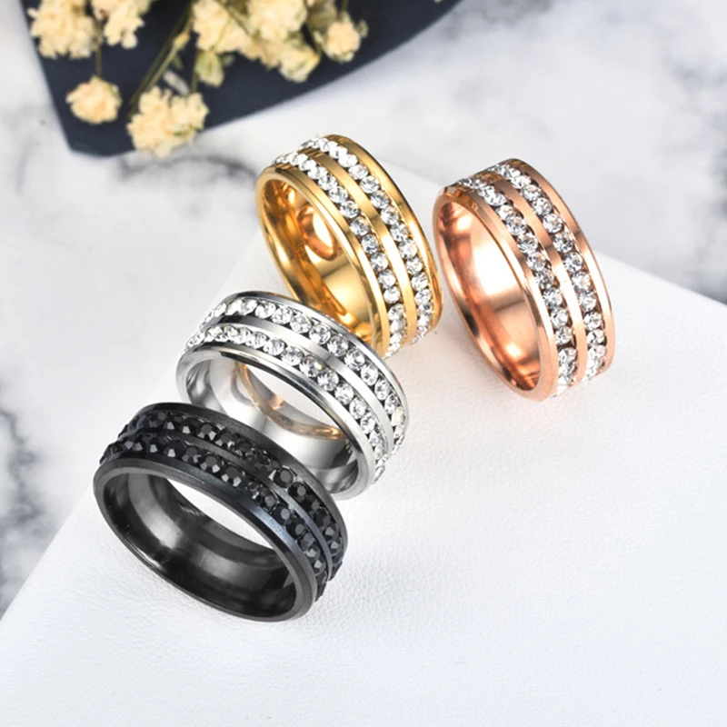 

2 Rows Crystal Titanium Stainless Steel Ring Women for Men CZ Surround Finger Fashion Jewelry Wholesale Classical