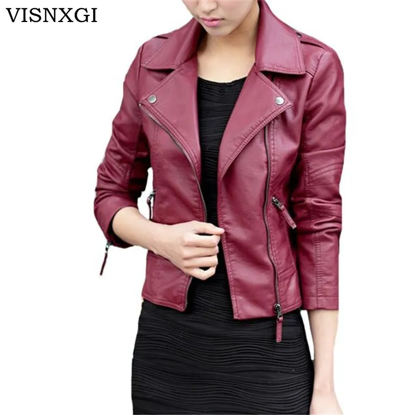 

VISNXGI Fashion Women Autunm Winter Jackets Wine Red Zipper Faux Leather Jackets Lady Bomber Motorcycle Outerwear Coat Hot Sale