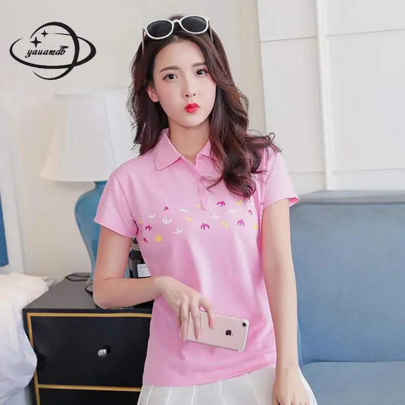 

YAUAMDB women polo shirts summer L-3XL female tops print tees clothing short sleeve slim casual fashion ladies clothes ly25