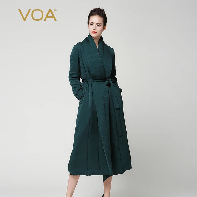 Best price at $425 Cheap Dark green long parka VOA ladies waistband straight parka winter silk dobby mid-calf length coat plus size M7231