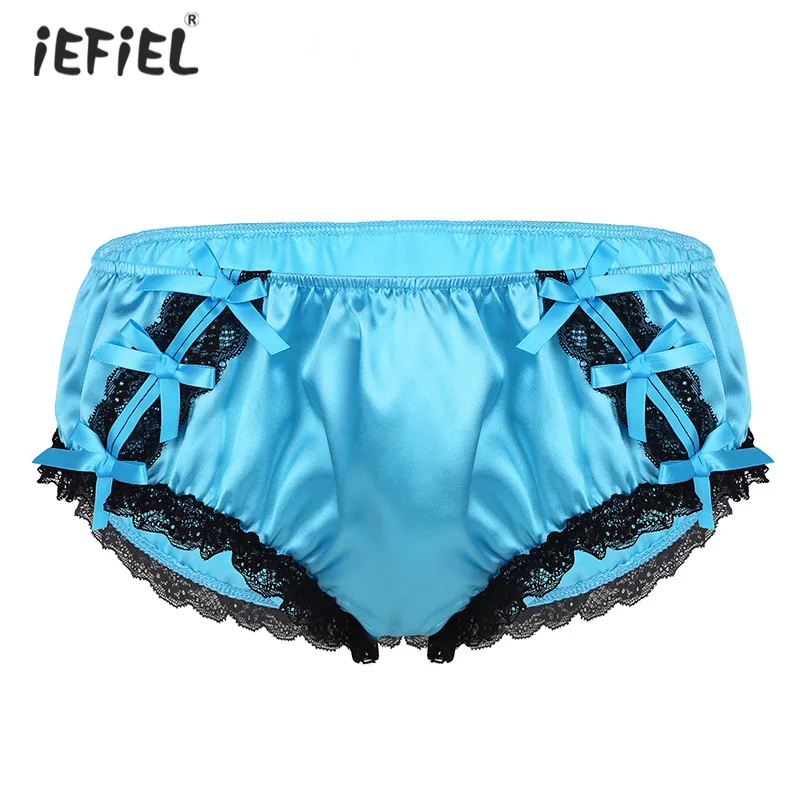 Sexy Men Underwear Ruffled Floral Lace Satin Lingerie Erotic Sexy Panties Low Rise Stretchy