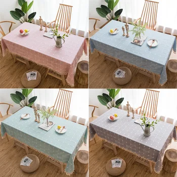 

Korean style Christmas Tablecloth Pink Striped Embroidered Plaid Rectangular Table Cloth Tassel Hem Decor Tea Table Home textile