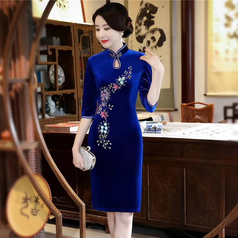 Новое поступление Для женщин по колено Cheongsam Мода китайский велюр платье тонкий Qipao Vestidos плюс Размеры размеры s m l xl XXL, XXXL 4XL 9977