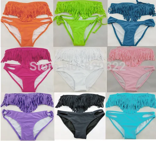 

Free Shipping High Quality Swimsuit Women Solid color Tassel Bikini set Beach Swimwear Large Breasts Fringed Tankinis
