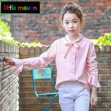 Блузка для девочек для маленьких девочек розовый школьные рубашки детская Кружево рубашка в полоску с длинными рукавами детские осенние Повседневное блузка Зимняя одежда