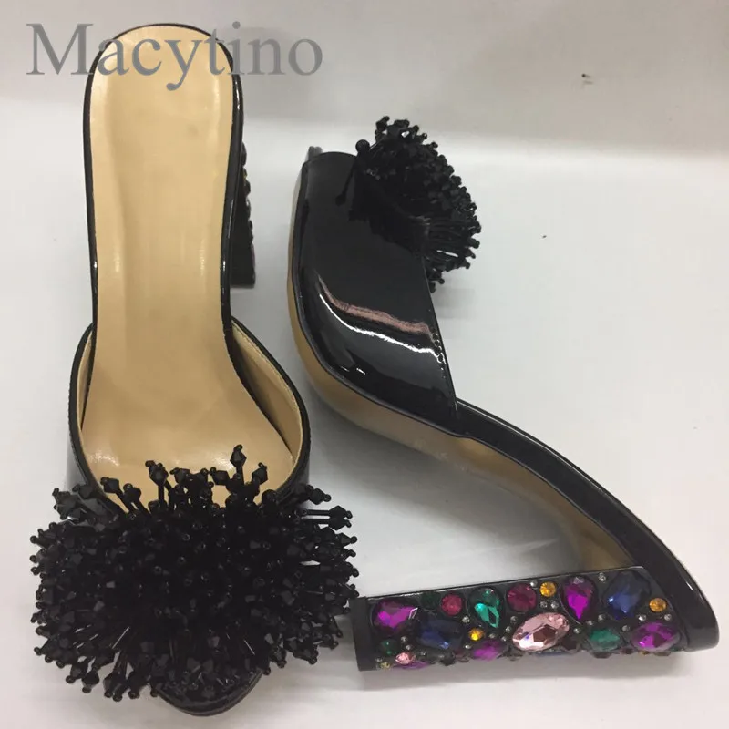 

Shiny Black Leather Fringed High Heel Slides Summer Formal Dress Shoes Women Mules Jeweled Heel Shoes