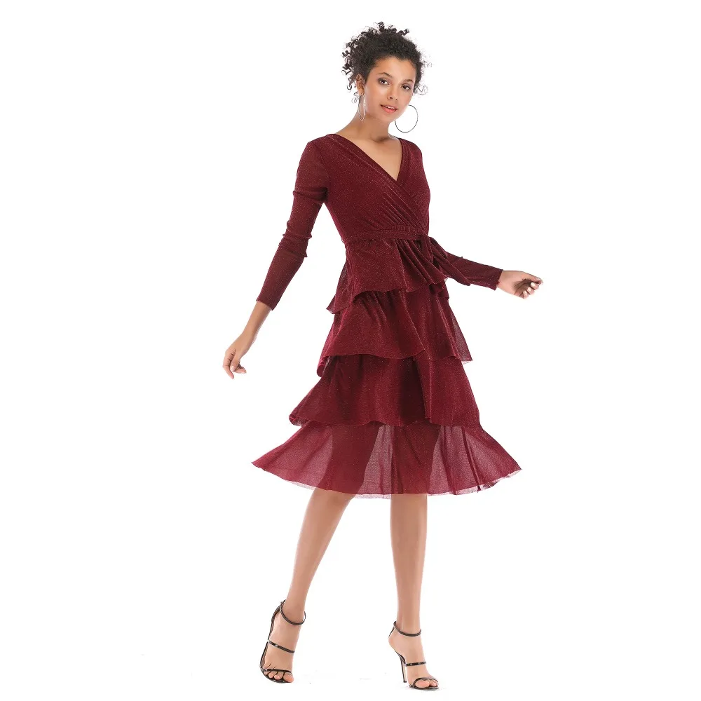 New Spring V-neck Lace Hem Long Sleeve Solid Elegant Lace Dress Women Fashion Dress Party Vestido