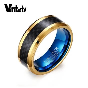 

Vinterly Black Carbon Fiber Ring Men Wedding Bands Finger Rings Men High Polished Blue Gold Color Tungsten Rings for Men Jewelry