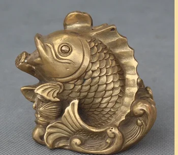 

zhu668826+++4" Chinese Feng Shui Bronze Auspicious Lotus leaf Money Barracuda Fish Statue